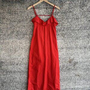 Zara Dress Womens Large Red Ruffle Midi Tank 100% Cotton Sleeveless Summer‎